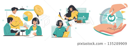 Vector illustration set depicting business collaboration with professionals discussing financial growth, customer support, and sustainability. Includes teamwork, digital technology, and environmental 135289909