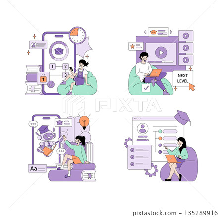 Vector illustration depicting online learning scenes with students using digital devices. Emphasizes education technology, interactive courses, and studying from home creatively. Vector illustration depicting online learning scenes with students using digital devices. Emphasizes education technology, interactive courses, and studying from home creatively. 135289916