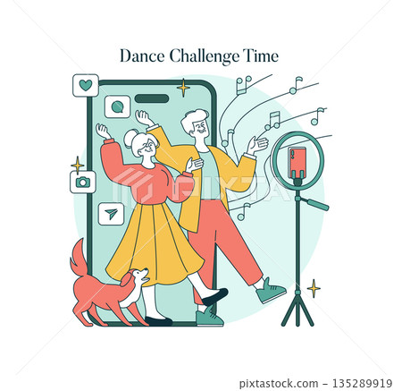 Vector illustration of two friends dancing with enthusiasm for an online challenge, joined by a happy dog. Large smartphone screen, music notes, and camera stand complete the scene. Vector illustration of two friends dancing with enthusiasm for an online challenge, joined by a happy dog. Large smartphone screen, music notes, and camera stand complete the scene. 135289919