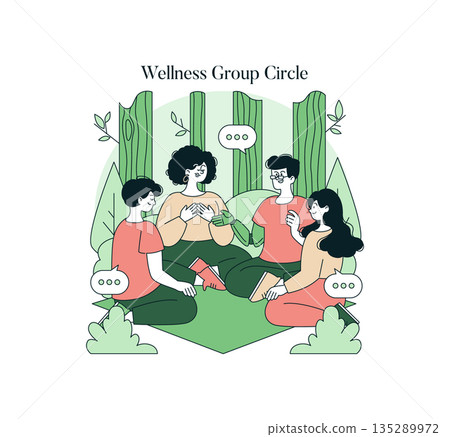 Wellness group sitting in a circle, engaged in conversation. Vector illustration depicting people exchanging ideas and fostering connection, set in a calming natural environment. 135289972