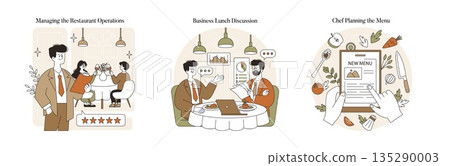 Three vector illustrations depict restaurant operations. A manager oversees, a business lunch features conversation, and a chef plans a menu with ingredients. Perfect for hospitality themes. 135290003