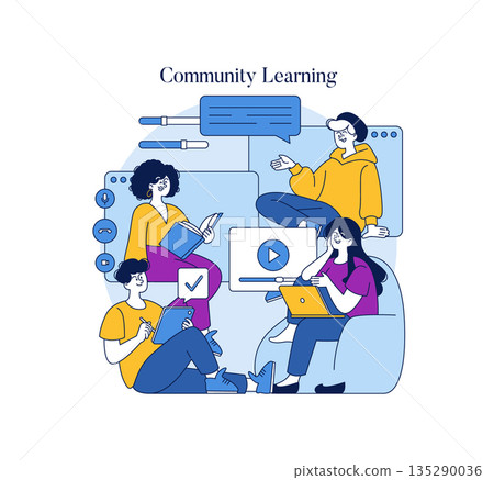 Vector illustration depicting a group engaging in community learning using digital tools. Individuals are reading books, using laptops, and engaging in discussions to enhance knowledge. Vector illustration depicting a group engaging in community learning using digital tools. Individuals are reading books, using laptops, and engaging in discussions to enhance knowledge. 135290036