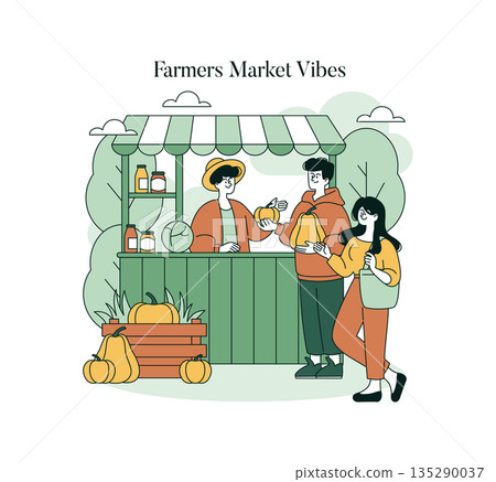 Vector illustration of people engaging at a farmers market stall. They are smiling and exchanging produce, depicting a lively and friendly atmosphere typical of local markets. 135290037
