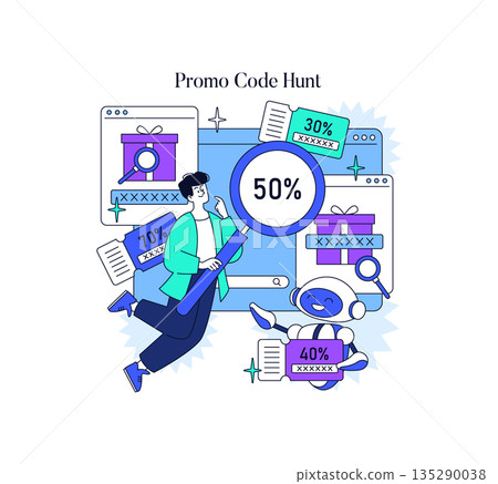 Colorful vector illustration of a cartoon character excitedly hunting for promo codes, surrounded by discount icons a friendly robot assistant. Colorful vector illustration of a cartoon character excitedly hunting for promo codes, surrounded by discount icons a friendly robot assistant. 135290038