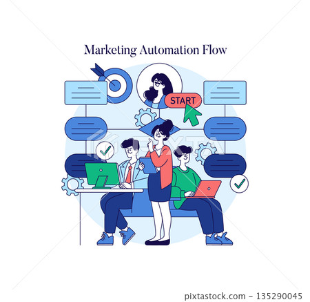 Vector illustration showing a marketing automation flow with a team discussing strategy. Depicts teamwork, digital tools, and workflow processes in a business setting. Vector illustration showing a marketing automation flow with a team discussing strategy. Depicts teamwork, digital tools, and workflow processes in a business setting. 135290045