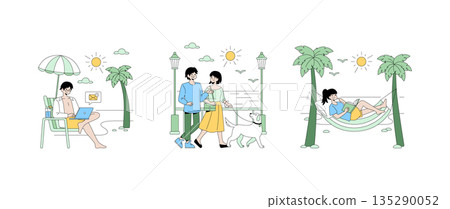Vector illustration depicting beach activities. A person using a laptop, a couple walking a dog, and someone reading in a hammock. Scenes convey leisure and relaxation. 135290052