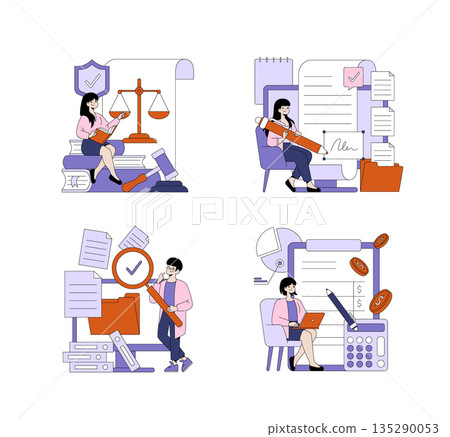Vector illustration depicting individuals engaged in legal and financial tasks. Includes reviewing documents, signing contracts, verifying files, and managing finances with technology. 135290053