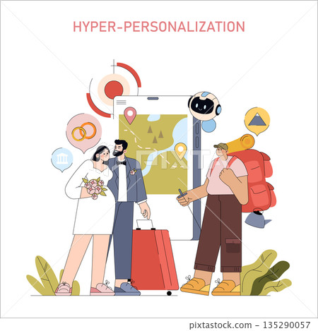 Vector illustration depicting hyper-personalization in travel. A couple with luggage and a traveler with a backpack are seen enjoying tailored experiences through digital maps and AI. 135290057