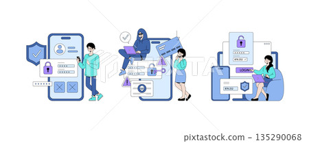 Vector illustration showing actions of online security and a potential data breach scenario. A person interacts with a secure login, while another seems anxious about security issues. 135290068