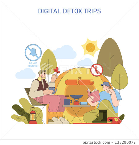 Vector illustration of a digital detox trip featuring two people camping without devices. They are engaging in conversation and enjoying nature, surrounded by a "Do Not Disturb" theme. 135290072