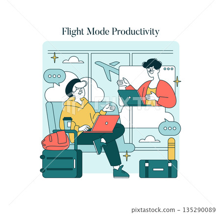 Vector illustration of two people engaging in work with laptops while seated, having a conversation during a flight. They are surrounded by clouds and luggage, fostering productivity on the go. Vector illustration of two people engaging in work with laptops while seated, having a conversation during a flight. They are surrounded by clouds and luggage, fostering productivity on the go. 135290089
