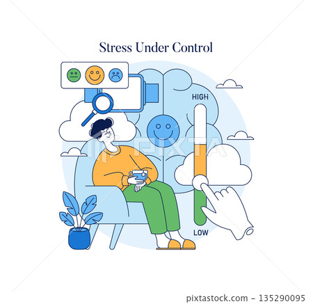 Vector illustration showing a person in a relaxed state, using a stress management tool. Emotions are displayed, highlighting mindfulness and personal well-being in daily life. Vector illustration showing a person in a relaxed state, using a stress management tool. Emotions are displayed, highlighting mindfulness and personal well-being in daily life. 135290095