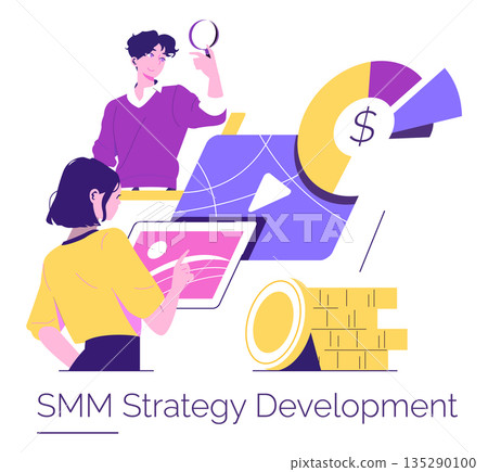 Vector illustration of a team collaborating on social media marketing strategy. Individuals analyze and plan with digital tools and graphs. Conceptual design for digital marketing success. Vector illustration of a team collaborating on social media marketing strategy. Individuals analyze and plan with digital tools and graphs. Conceptual design for digital marketing success. 135290100