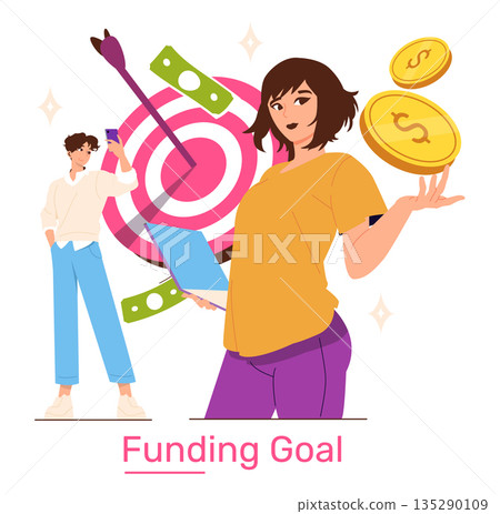 Vector illustration of two individuals celebrating financial success by hitting a target. One person holds a laptop while the other uses a smartphone, both exuding confidence and accomplishment. Vector illustration of two individuals celebrating financial success by hitting a target. One person holds a laptop while the other uses a smartphone, both exuding confidence and accomplishment. 135290109