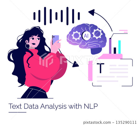 Vector illustration showing a person engaging with AI-powered text data analysis using a smartphone. The image highlights natural language processing concepts involving AI and technology. Vector illustration showing a person engaging with AI-powered text data analysis using a smartphone. The image highlights natural language processing concepts involving AI and technology. 135290111