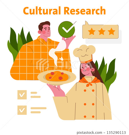 Vector illustration showing a chef holding pasta as a symbol of cultural research. A reviewer evaluates the dish positively, depicting culinary appreciation and feedback. Vector illustration showing a chef holding pasta as a symbol of cultural research. A reviewer evaluates the dish positively, depicting culinary appreciation and feedback. 135290113