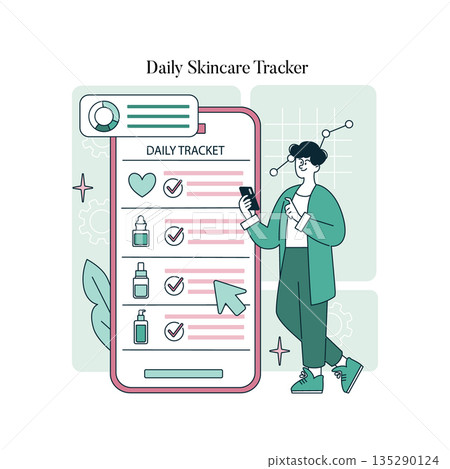 Vector illustration of a digital skincare tracker with a person checking their routine on a smartphone. Features checklist items like moisturizers and serums on a large screen display. Vector illustration of a digital skincare tracker with a person checking their routine on a smartphone. Features checklist items like moisturizers and serums on a large screen display. 135290124