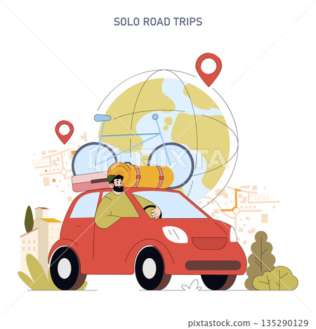 Vector illustration of a person on a solo road trip in a red car. The car is packed, and a large map with a bicycle image suggests a travel theme, emphasizing exploration. Vector illustration of a person on a solo road trip in a red car. The car is packed, and a large map with a bicycle image suggests a travel theme, emphasizing exploration. 135290129