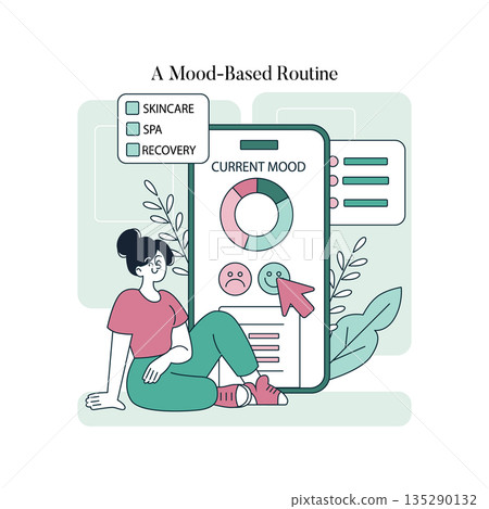 Vector illustration of a woman using a digital mood tracker. The smartphone screen displays mood options and personalized wellness suggestions like skincare, spa, and recovery routines. Vector illustration of a woman using a digital mood tracker. The smartphone screen displays mood options and personalized wellness suggestions like skincare, spa, and recovery routines. 135290132