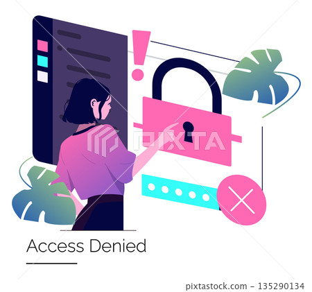 Vector illustration showing a person facing a digital lock symbolizing access denial. Highlights cybersecurity, online privacy concerns, and digital barriers through bold graphic elements. Vector illustration showing a person facing a digital lock symbolizing access denial. Highlights cybersecurity, online privacy concerns, and digital barriers through bold graphic elements. 135290134