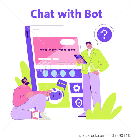 Vector illustration depicting digital interaction with a chatbot on a large screen. Two individuals are engaged with the bot, one using a mobile device, highlighting the concept of modern digital Vector illustration depicting digital interaction with a chatbot on a large screen. Two individuals are engaged with the bot, one using a mobile device, highlighting the concept of modern digital 135290148