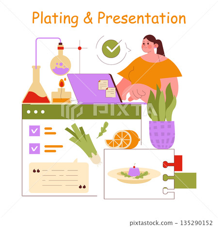 Vector illustration of a person planning a culinary presentation using a laptop. Various food items and presentation tools surround the workspace, emphasizing cooking and creativity. Vector illustration of a person planning a culinary presentation using a laptop. Various food items and presentation tools surround the workspace, emphasizing cooking and creativity. 135290152