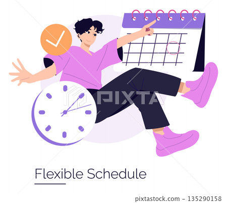 Vector illustration of a person joyfully interacting with a clock and calendar, symbolizing a flexible schedule. The image captures the essence of time management and adaptability. 135290158