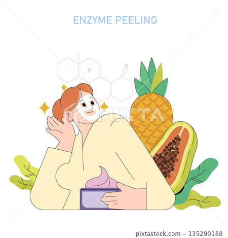 Vector illustration of a woman enjoying skincare with an enzyme peeling mask, surrounded by pineapple and papaya. The scene emphasizes natural beauty and self-care. Vector illustration of a woman enjoying skincare with an enzyme peeling mask, surrounded by pineapple and papaya. The scene emphasizes natural beauty and self-care. 135290188