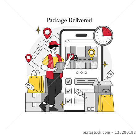 Vector illustration of a delivery person confirming package delivery using a mobile device interface, surrounded by packages and location pins. Optimized for logistics and e-commerce themes. Vector illustration of a delivery person confirming package delivery using a mobile device interface, surrounded by packages and location pins. Optimized for logistics and e-commerce themes. 135290198