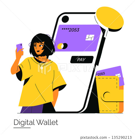 Vector illustration of a woman looking at her smartphone while using a digital wallet app. Depicts online payment and e-commerce technology with a credit card interface. Vector illustration of a woman looking at her smartphone while using a digital wallet app. Depicts online payment and e-commerce technology with a credit card interface. 135290213