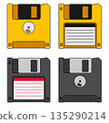 Pixel art floppy disk collection. Black and yellow diskettes front and back views 135290214