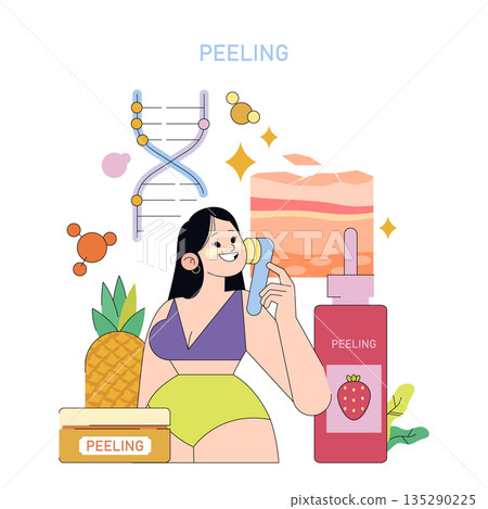Vector illustration of a woman using a peeling brush as part of her skincare routine. Surrounded by skincare products, fruits, and DNA symbols, promoting healthy skin exfoliation. Vector illustration of a woman using a peeling brush as part of her skincare routine. Surrounded by skincare products, fruits, and DNA symbols, promoting healthy skin exfoliation. 135290225