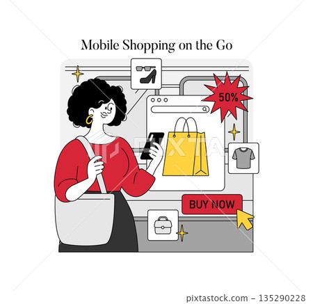 Woman using smartphone for mobile shopping with discounts on clothing and accessories Vector illustration shows excitement of finding deals online with a buy now button and sales icons 135290228