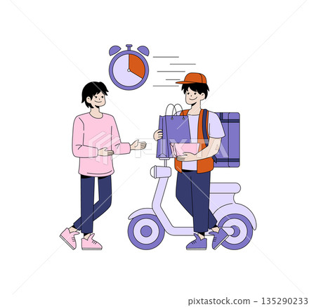 Vector illustration showing a delivery person handing over packages to a customer with a moped nearby. The scene symbolizes a quick, efficient delivery service interaction. 135290233