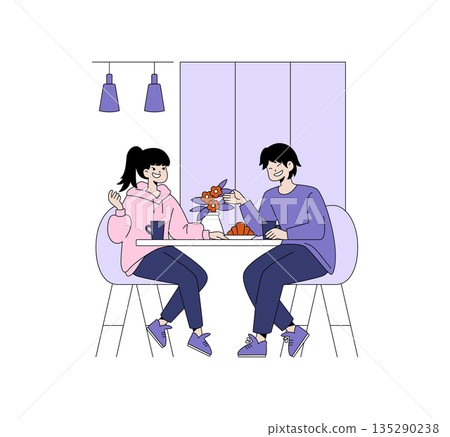 Vector illustration of two friends sitting at a cafe table, engaging in cheerful conversation over coffee and pastries. The relaxed atmosphere highlights friendship and leisure. 135290238