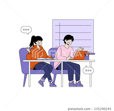 Two students sitting and collaborating at a desk with books and a laptop in this vector illustration. Both appear cheerful and engaged, indicating a positive learning environment. Two students sitting and collaborating at a desk with books and a laptop in this vector illustration. Both appear cheerful and engaged, indicating a positive learning environment. 135290245