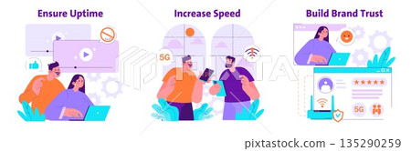 Vector illustration showcasing teamwork and technology themes. People collaborate using digital platforms, focusing on ensuring uptime, increasing speed, and building brand trust. 135290259
