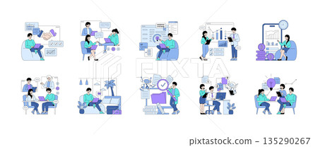 Set of vector illustrations showing people collaborating in various business and tech scenarios. Scenes include teamwork, data analysis, remote work, and cryptocurrency discussions. Characters are Set of vector illustrations showing people collaborating in various business and tech scenarios. Scenes include teamwork, data analysis, remote work, and cryptocurrency discussions. Characters are 135290267