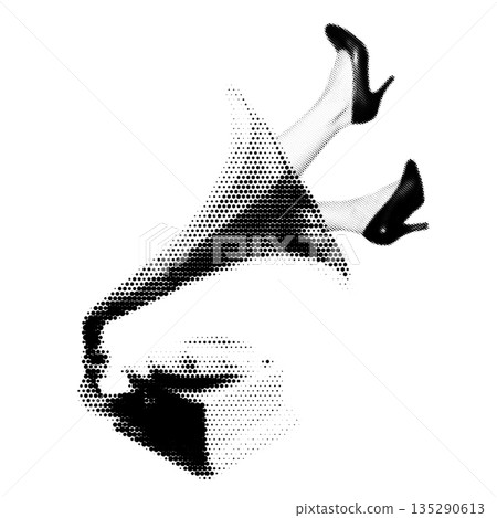 Surreal retro vector illustration of womans legs in high heels emerging from a gramophone Surreal retro vector illustration of womans legs in high heels emerging from a gramophone 135290613
