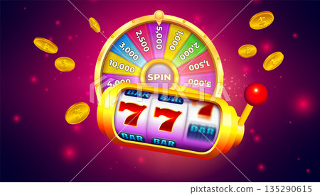 Slot Machine with Lucky Sevens. Casino Gaming Wheel of Fortune with Gold Coins 135290615
