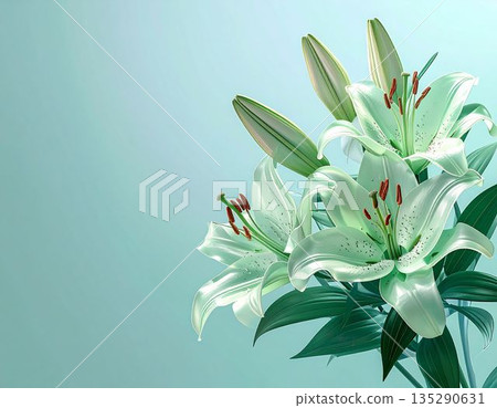 綠色背景上的白色百合花圖案(AI生成圖像) 綠色背景上的白色百合花圖案(AI生成圖像) 135290631