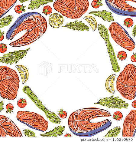 Seafood wreath illustration with salmon, asparagus, lemon and herbs in flat style. Food border on white background for menu, poster and culinary branding. 135290670