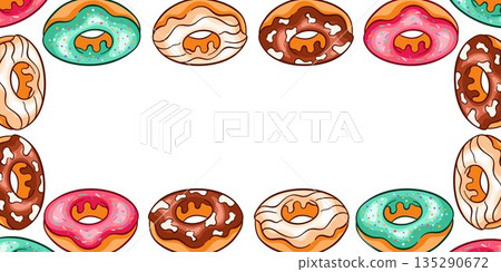 Horizontal border with assorted donut on a white background in cartoon style. Horizontal border with assorted donut on a white background in cartoon style. 135290672