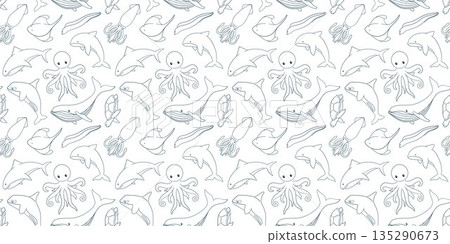 Seamless pattern in line art style with humpback whale, shark, stingray, octopus, turtle, muraena and killer whale swimming in the ocean. Background for summer and sea package design. 135290673
