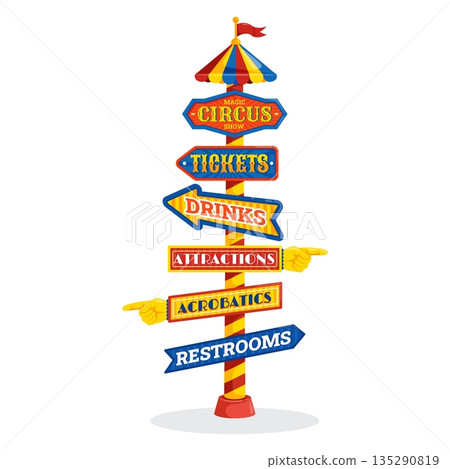 Circus signpost. Amusement park sign board signage, retro carnival show direction pointers way arrows vintage summer fair wayfinding signboards post, kicky vector illustration 135290819