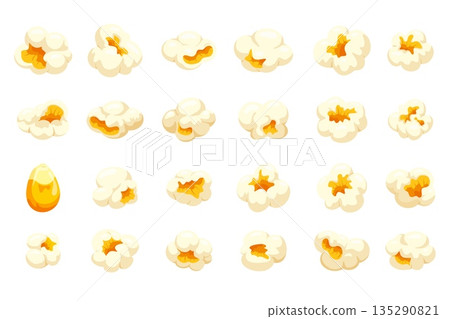 Popcorn kernels. Pop corn kernel close up, sweet salt holiday snack cinema theater tv entertainment food maize snacks shapes popping cornes cartoon set kicky vector illustration 135290821