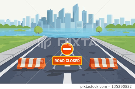 Flood road. Closed traffic car roadblock after rain, floody river warning signs barricade safety barrier street rainy weather water alert disaster zone, kicky vector illustration Flood road. Closed traffic car roadblock after rain, floody river warning signs barricade safety barrier street rainy weather water alert disaster zone, kicky vector illustration 135290822