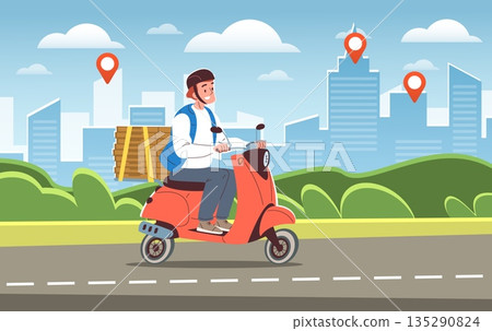 Delivery man city background. Courier ride on motor bike scooter with backpack box delivers fast food order to customer home gps location pizza deliver, classy vector illustration Delivery man city background. Courier ride on motor bike scooter with backpack box delivers fast food order to customer home gps location pizza deliver, classy vector illustration 135290824