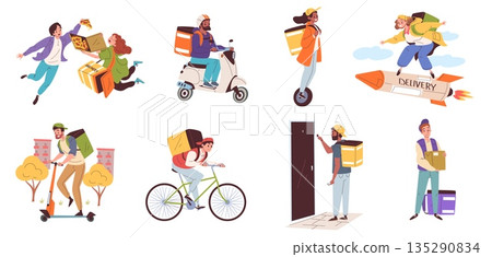 Cartoon couriers characters. Delivery logistic service workers, courier with backpack food box deliveryman fast delivers ecommerce orders parcels mailman classy vector illustration 135290834