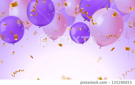 Realistic balloons confetti. Colorful flying balloon background frame, birthday party celebration decoration banner anniversary christmas new year event, exact vector illustration Realistic balloons confetti. Colorful flying balloon background frame, birthday party celebration decoration banner anniversary christmas new year event, exact vector illustration 135290853